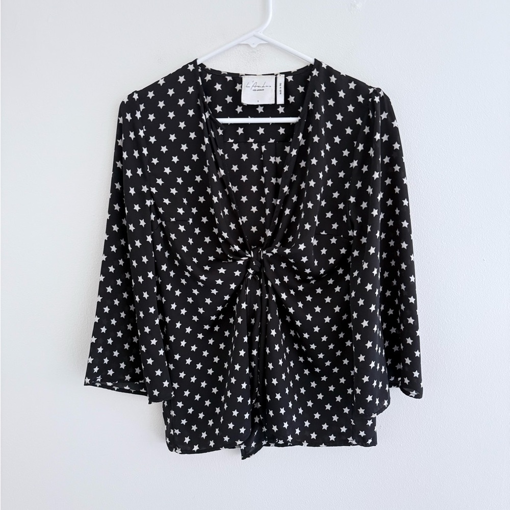 L'Academie Low Knot Star Print Bell Sleeve Blouse Small - Picture 2 of 8